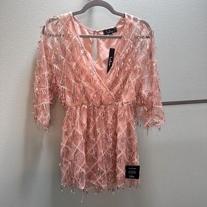 NWT Lulus Sweet Sparkles Rose Gold Sequin Fringe Embroidered Romper - Size M